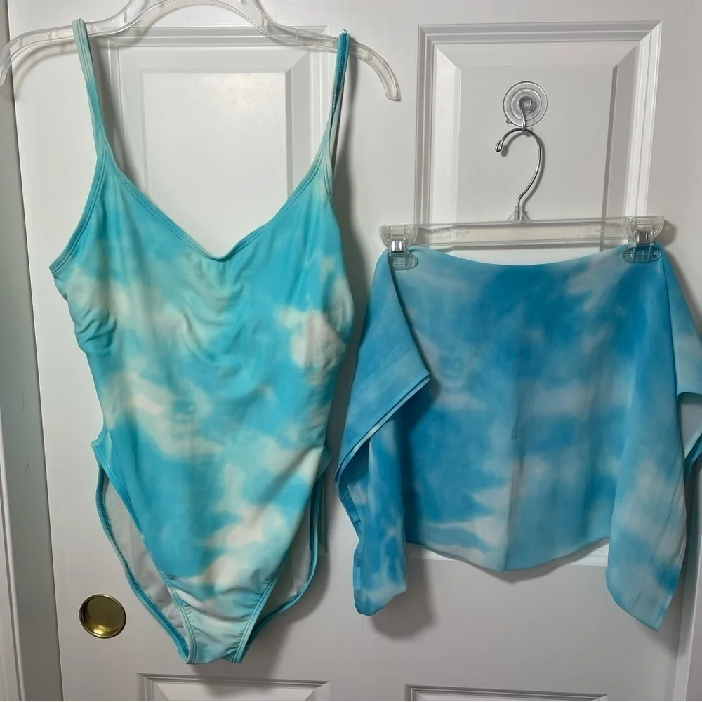 Anne Klein One Piece Swimsuit Sarong Set Sky Blue Tie Dye Aqua Turquoise 14